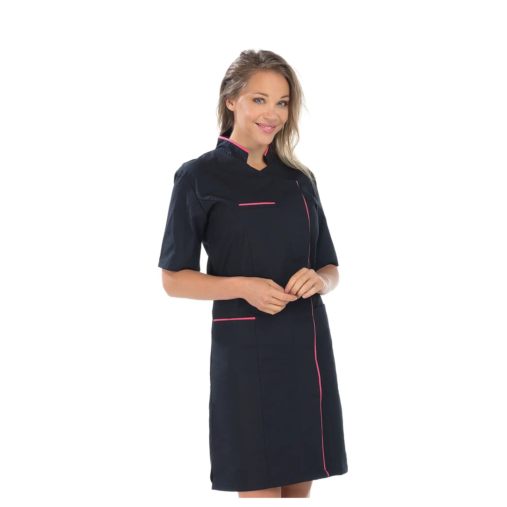 Aline - Blouse longue - Manches courtes - Femme - 100 cm My Podologie  Sergé-Noir-Fuschia-T6-XXXL