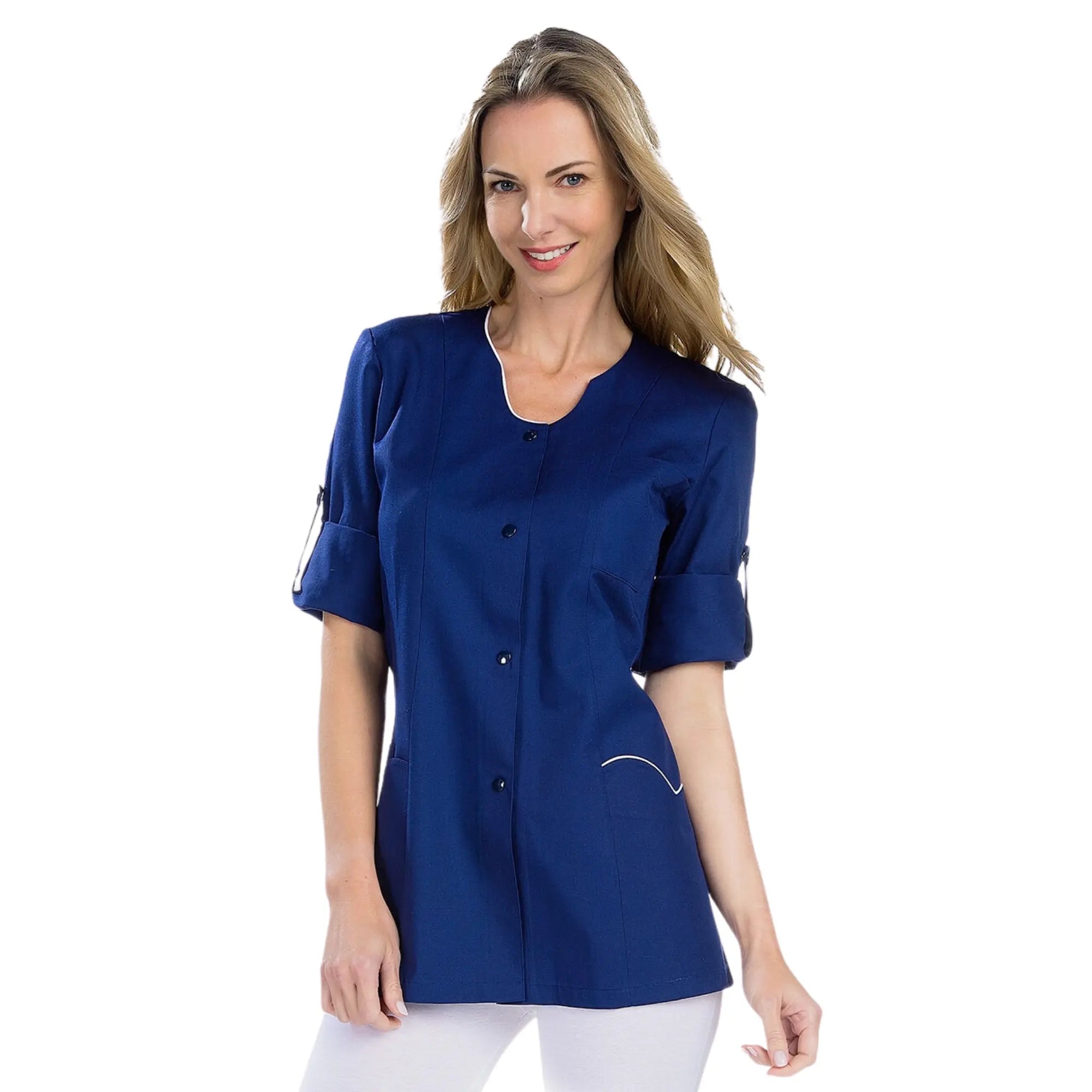 Anaïs – Tunika – lange Ärmel – Damen – 75 cm. Meine Bluse Twill-Marineblau-Weiß-T6-XXXL