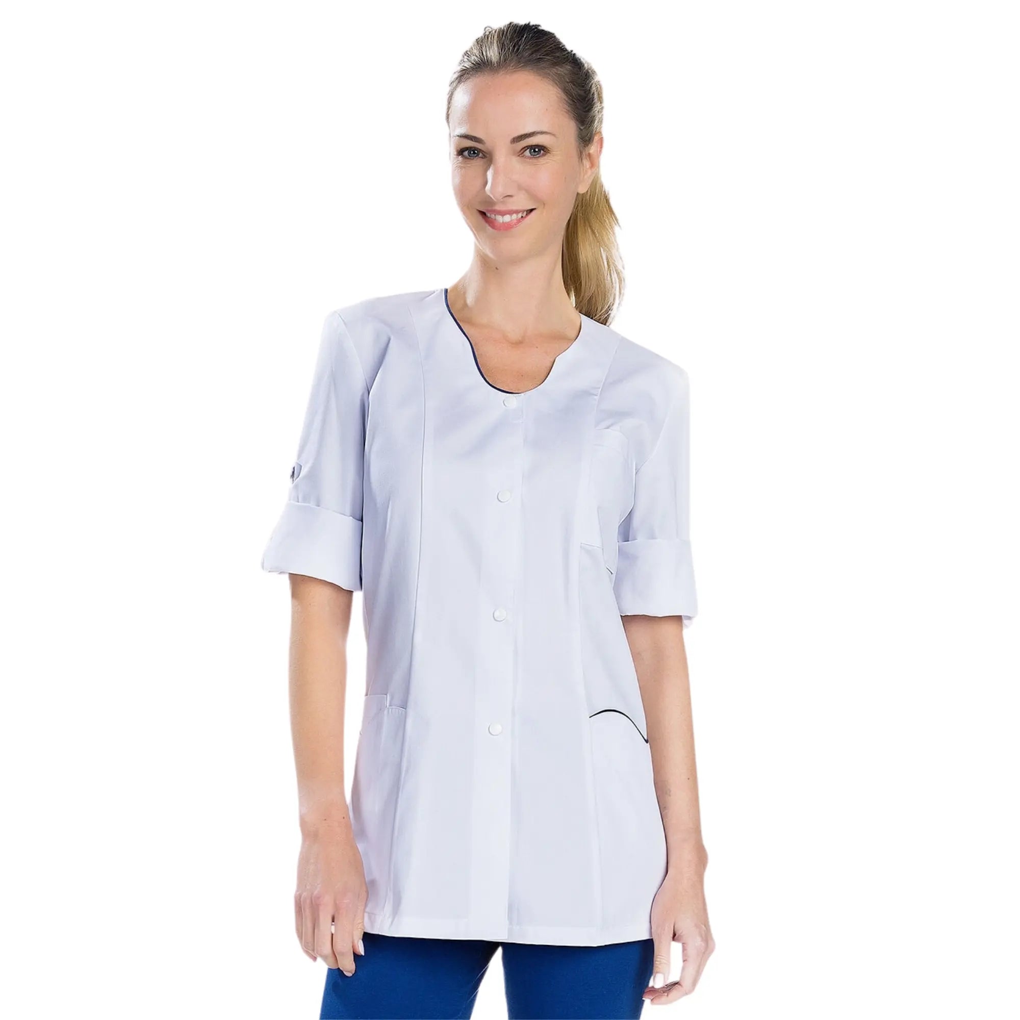 Anaïs – Tunika – lange Ärmel – Damen – 75 cm. Meine Bluse Twill-Weiß-Marineblau-T6-XXXL