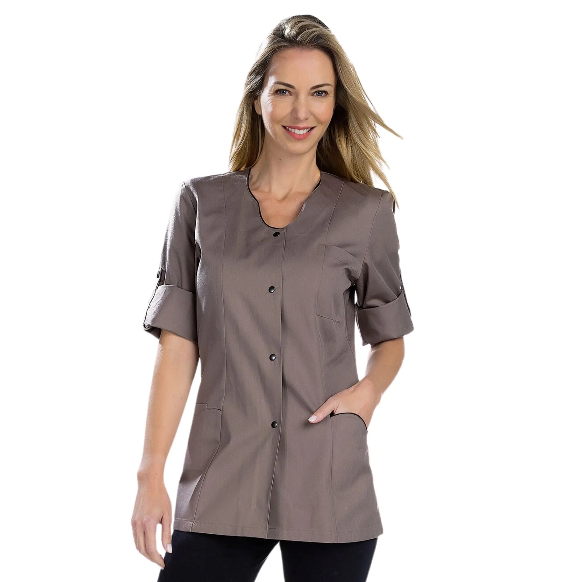 Anaïs – Tunika – lange Ärmel – Damen – 75 cm. Meine Bluse Twill-Taupe-Schwarz-T6-XXXL