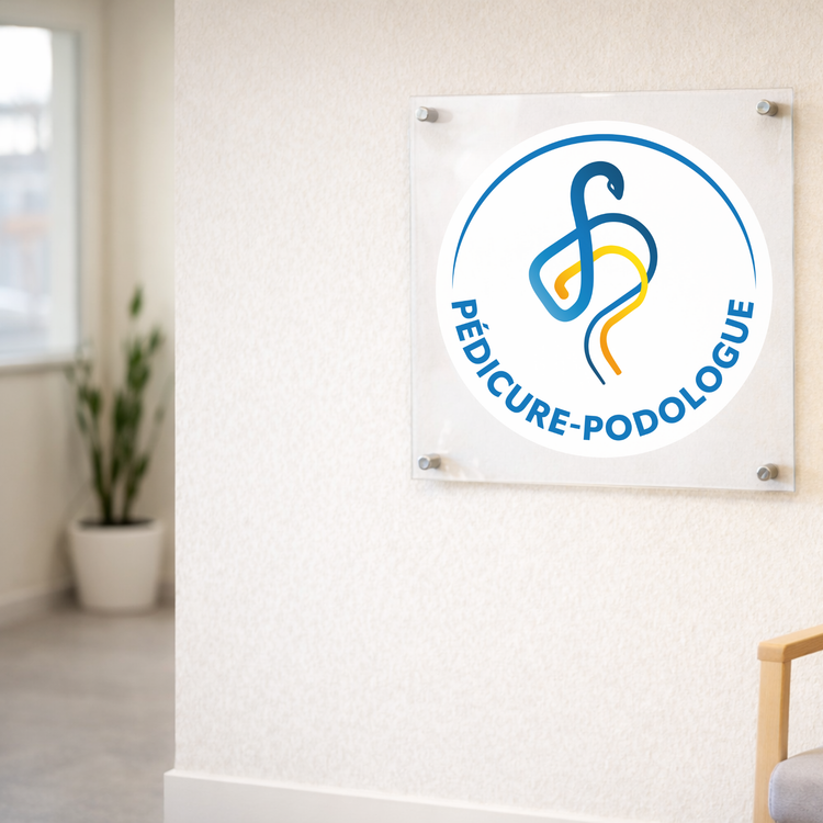Plakette für Fußpfleger und Podologen mit offiziellem Logo – Plexiglas 45 x 45 cm – ohne Abstandshalter. My Podologie 